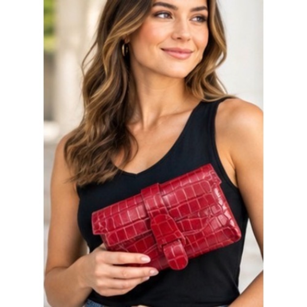 Senreve Aria Belt clutch crossbody Bag Dragon Cinnabar Red Croc Embossed Leather